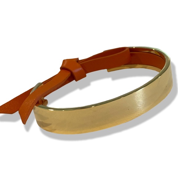 Gold Cuff Bracelet with Orange Leather Tie Strap - Picture 4 of 4